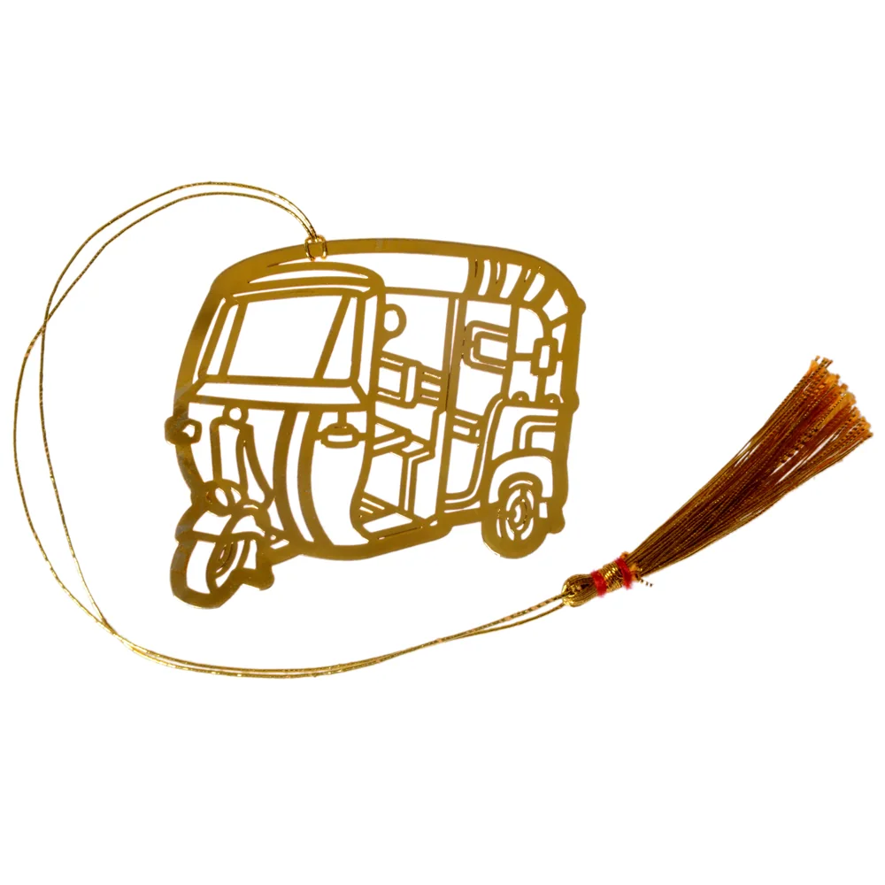 Die-cut gold-tone bookmark of a three-wheeled auto rickshaw seen from the side with its canopy and bench seat, on a gold cord with a tassel
