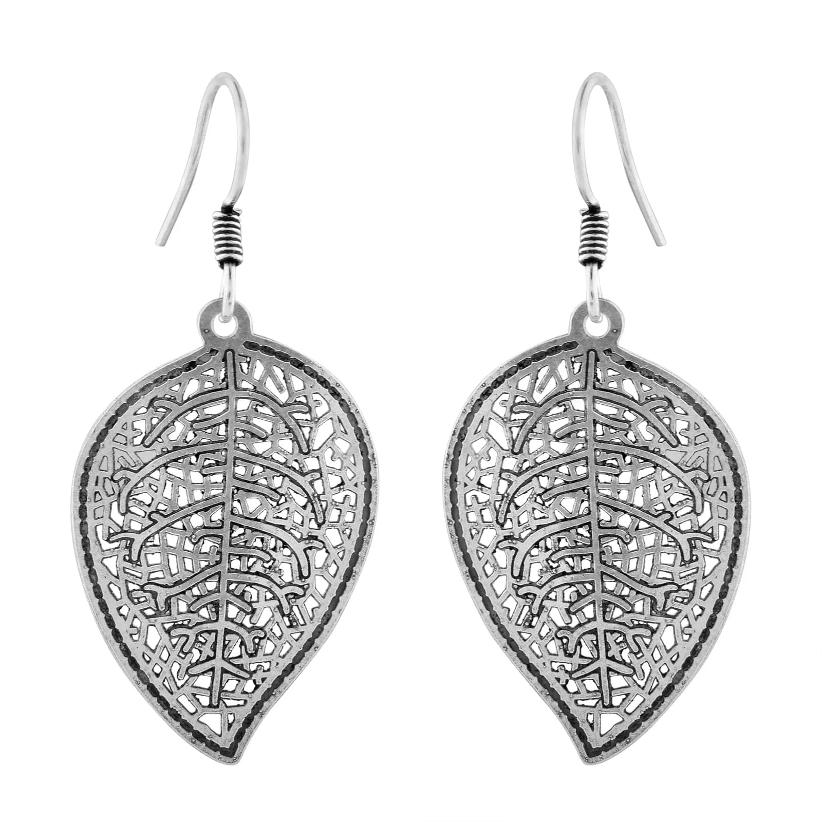A pair of oxidised silver drop earrings on French hooks — a pointed leaf in openwork filigree inside a beaded outline