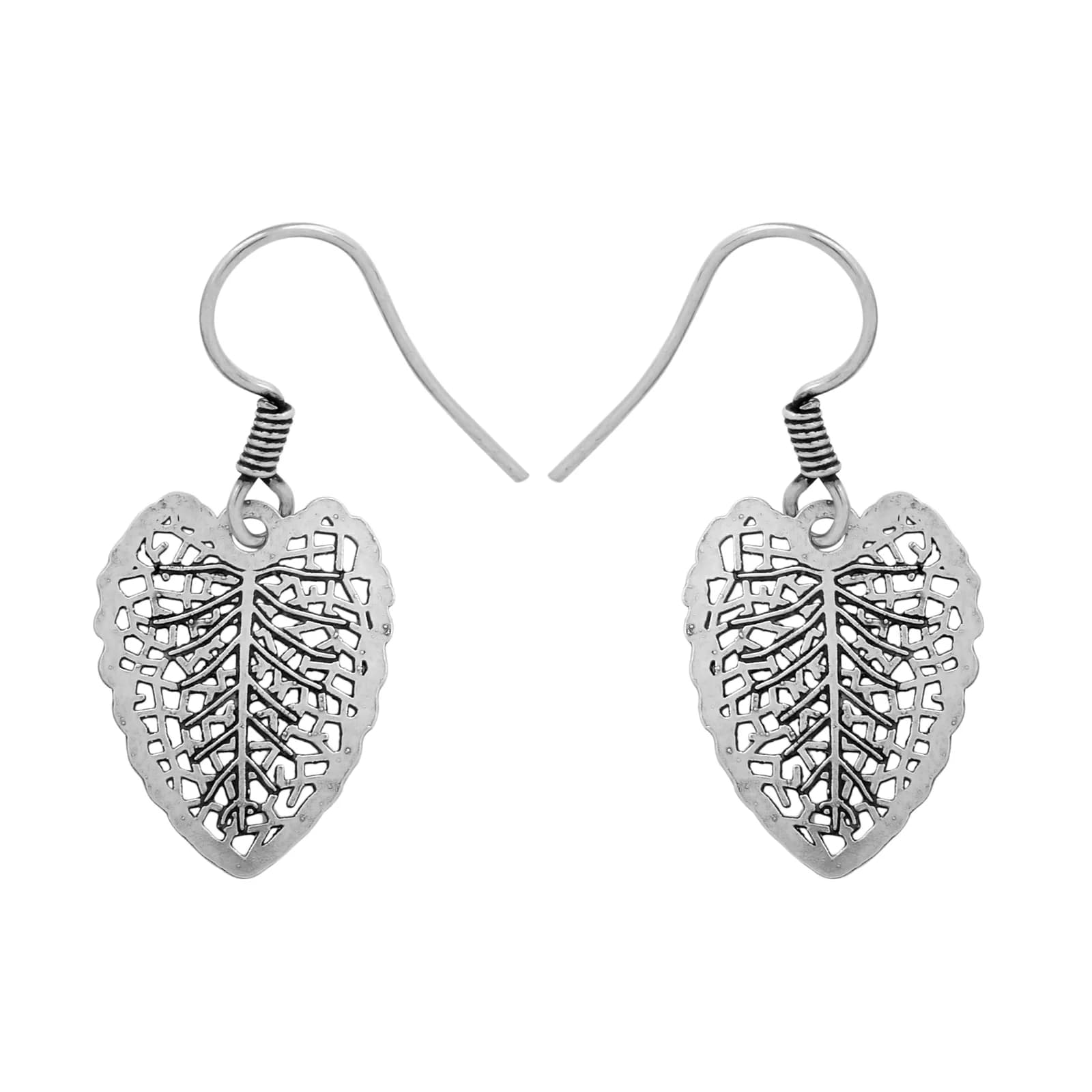 A pair of oxidised silver drop earrings on French hooks — a heart-shaped betel leaf cut in fine openwork filigree