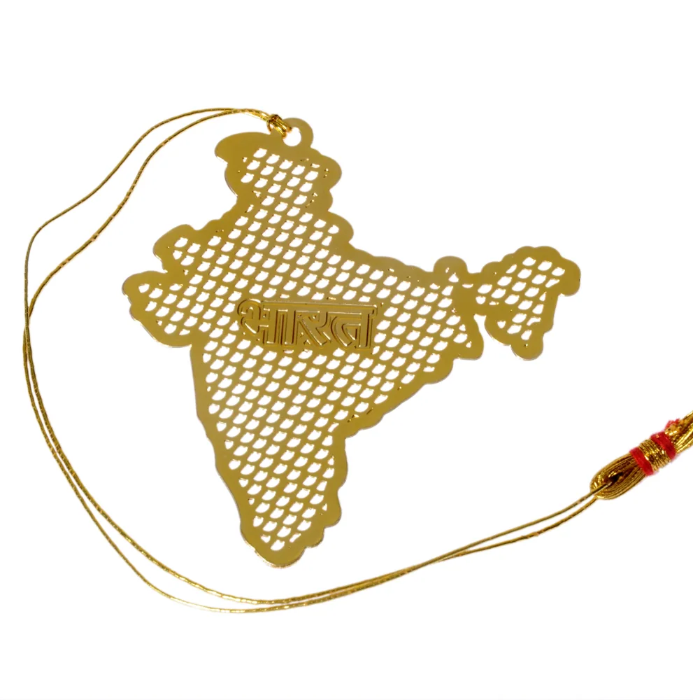 Die-cut gold-tone bookmark shaped as the map of India in pierced diamond lattice, भारत raised across it in Devanagari, on a gold cord with a tassel
