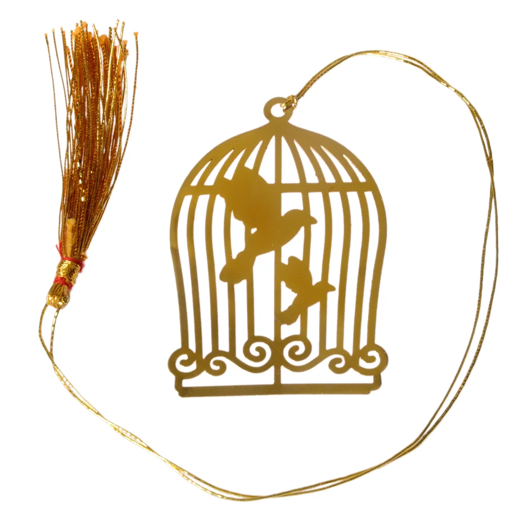 Die-cut gold-tone bookmark of a domed birdcage with two birds inside and a scrolled base, on a gold cord with a tassel