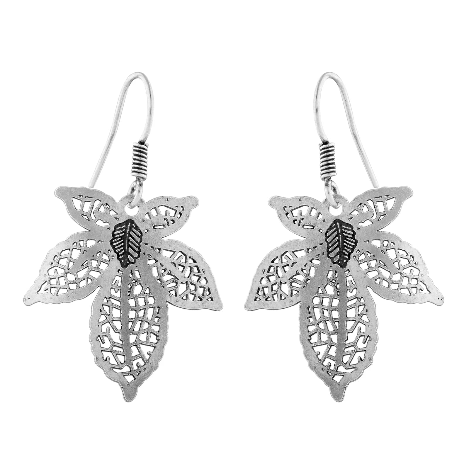 A pair of oxidised silver drop earrings on French hooks — a five-petal blossom in openwork filigree with a small solid leaf applied at its heart