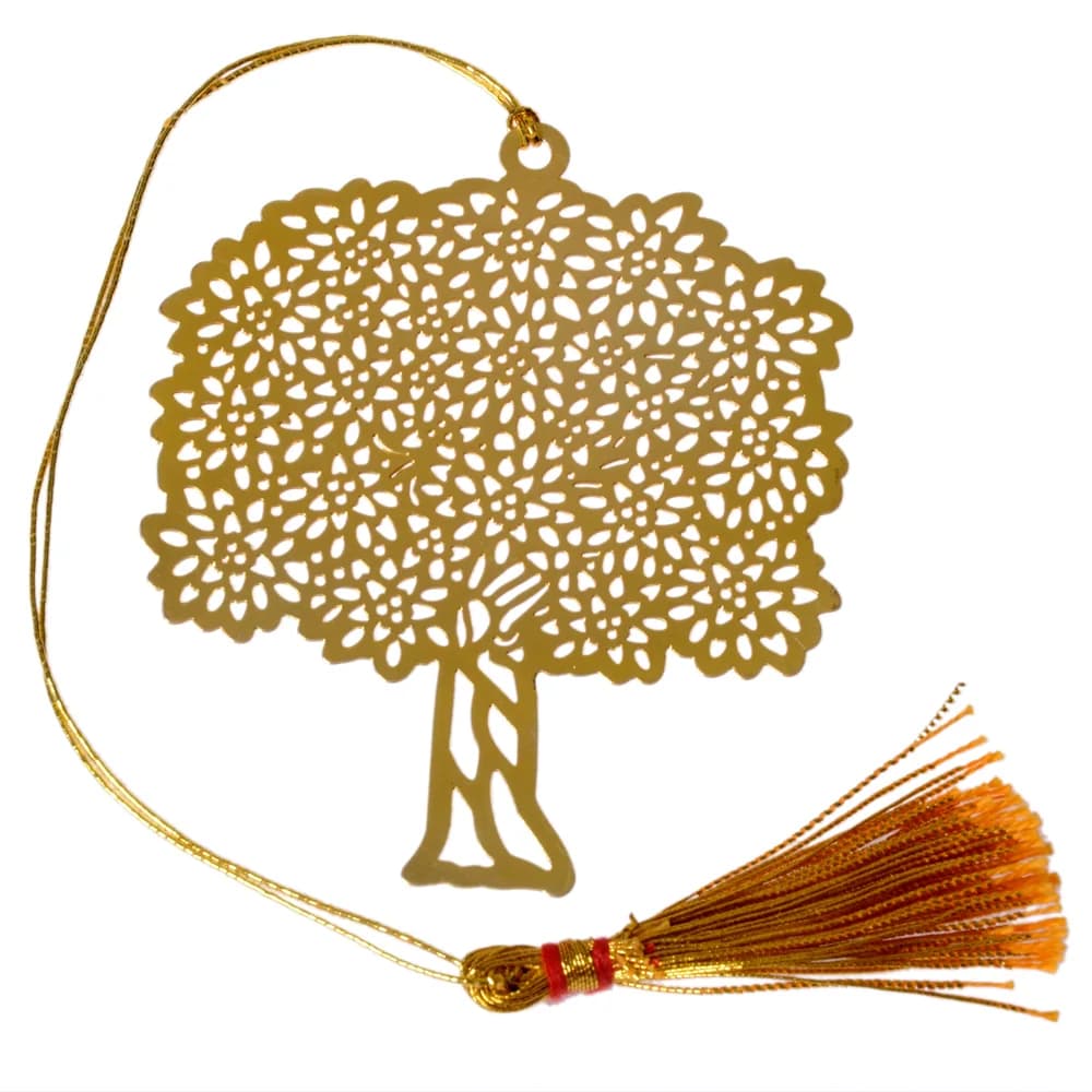 Die-cut gold-tone bookmark of a broad-canopied tree whose foliage is cut as a mass of small flowers, on a gold cord with a tassel