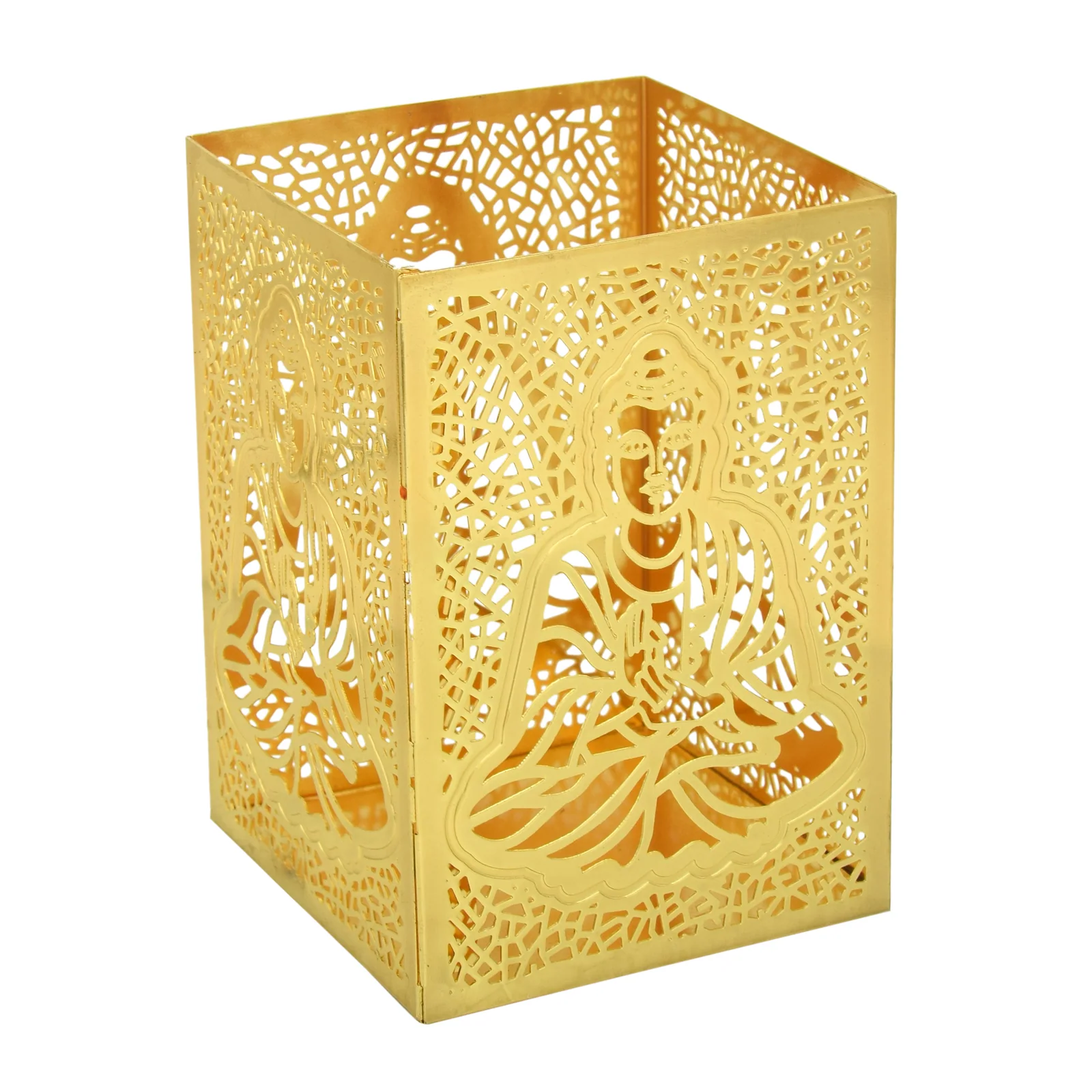 Gold-tone brass pen stand with the Buddha seated on a lotus raised out of a crackle lattice ground, shot three-quarter with a second Buddha face turned away