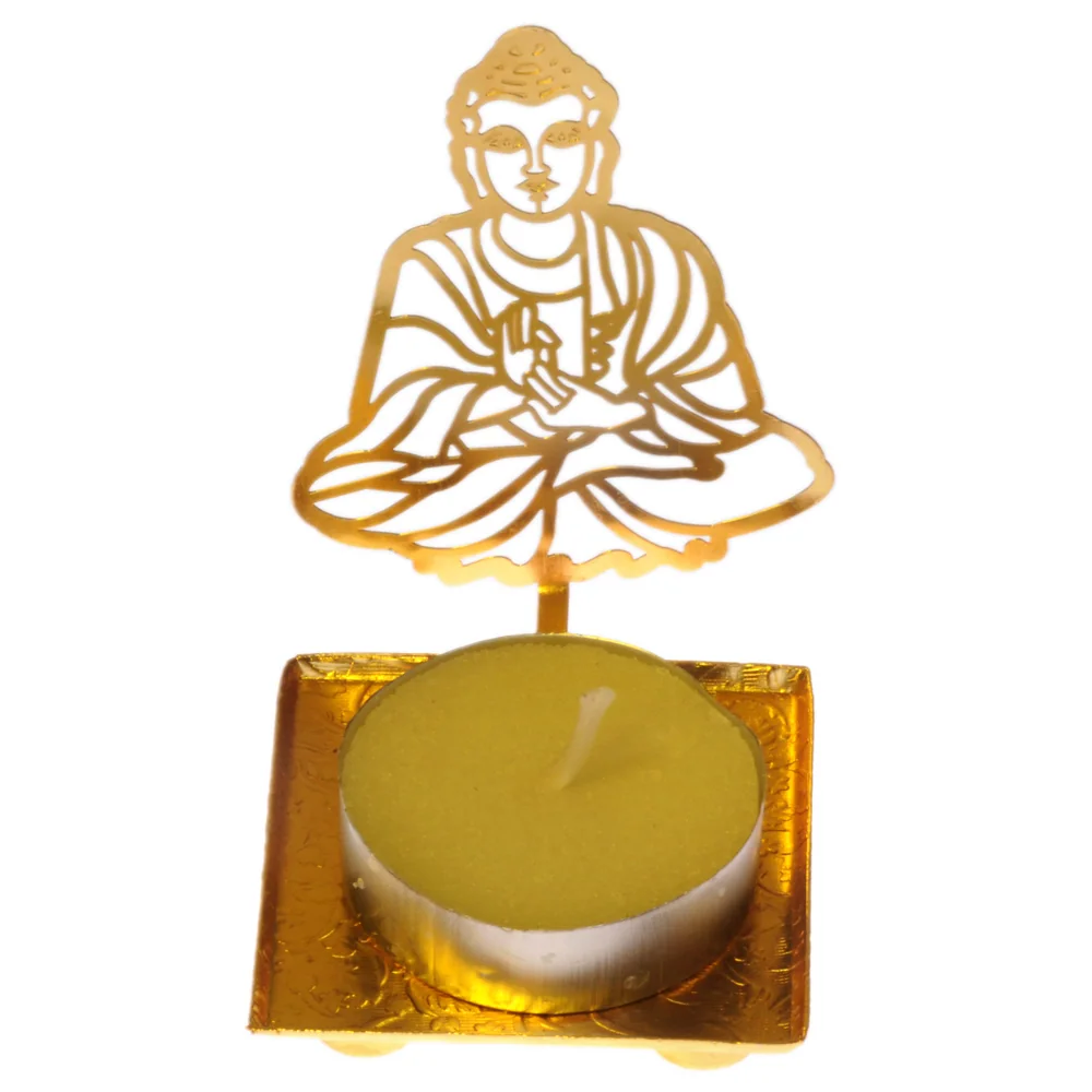 Pierced gold-tone tealight holder cut as the Buddha seated in meditation with a rayed halo behind him, on a square tray