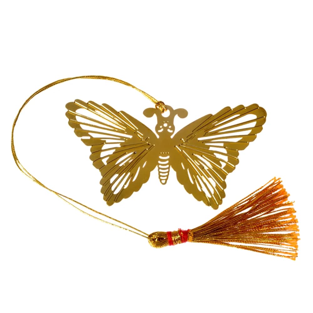 Die-cut gold-tone bookmark of a butterfly with wings cut into long feathered strips, on a gold cord with a tassel
