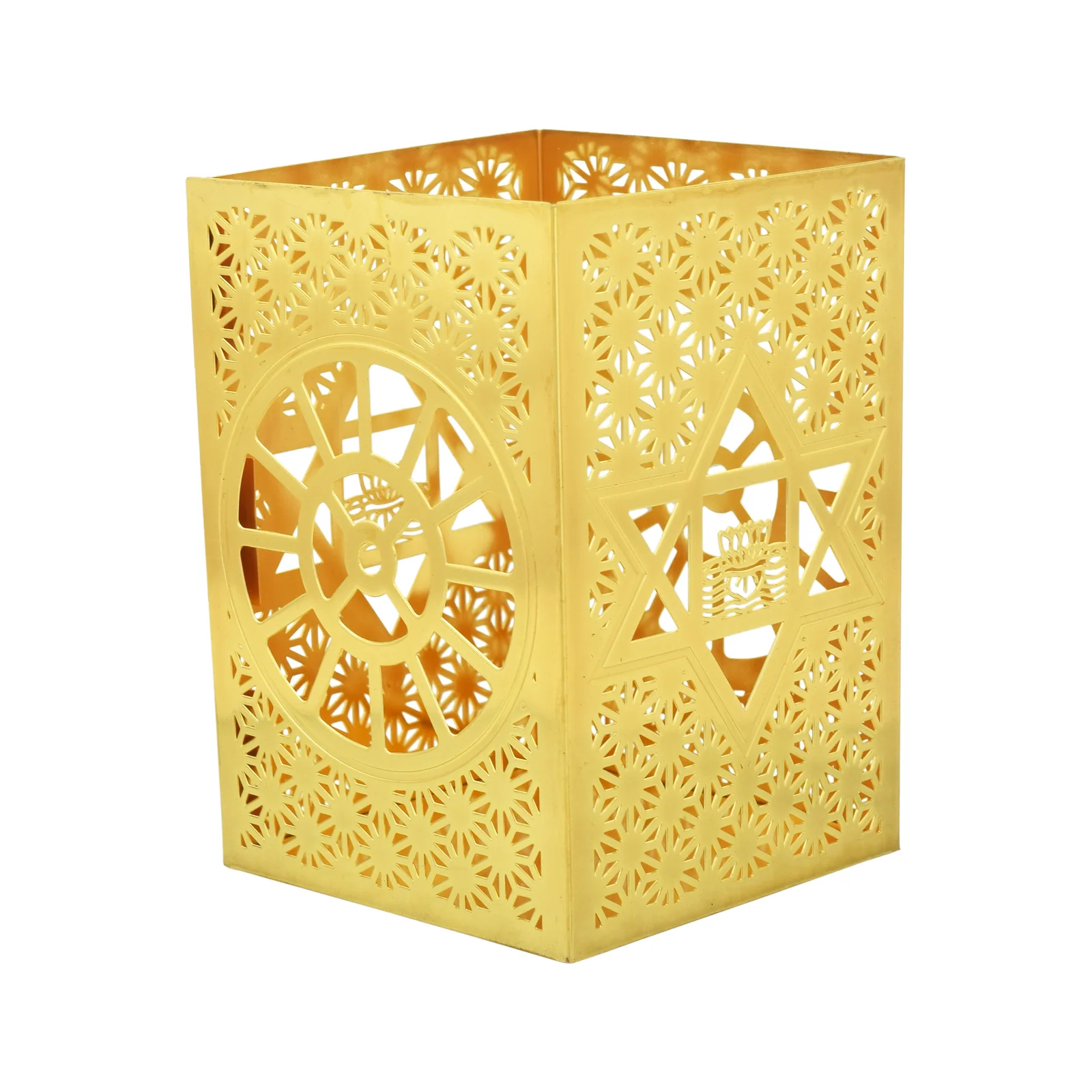 Gold-tone brass pen stand pierced all over with eight-petal rosettes, shot three-quarter so the spoked chakra on one face and the six-pointed star on the next are both in view