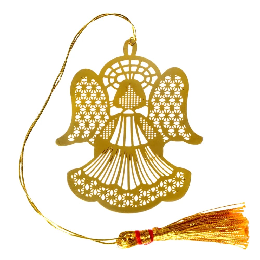 Die-cut gold-tone bookmark of an angel with wings and skirt filled with a fine snowflake lattice, on a gold cord with a tassel