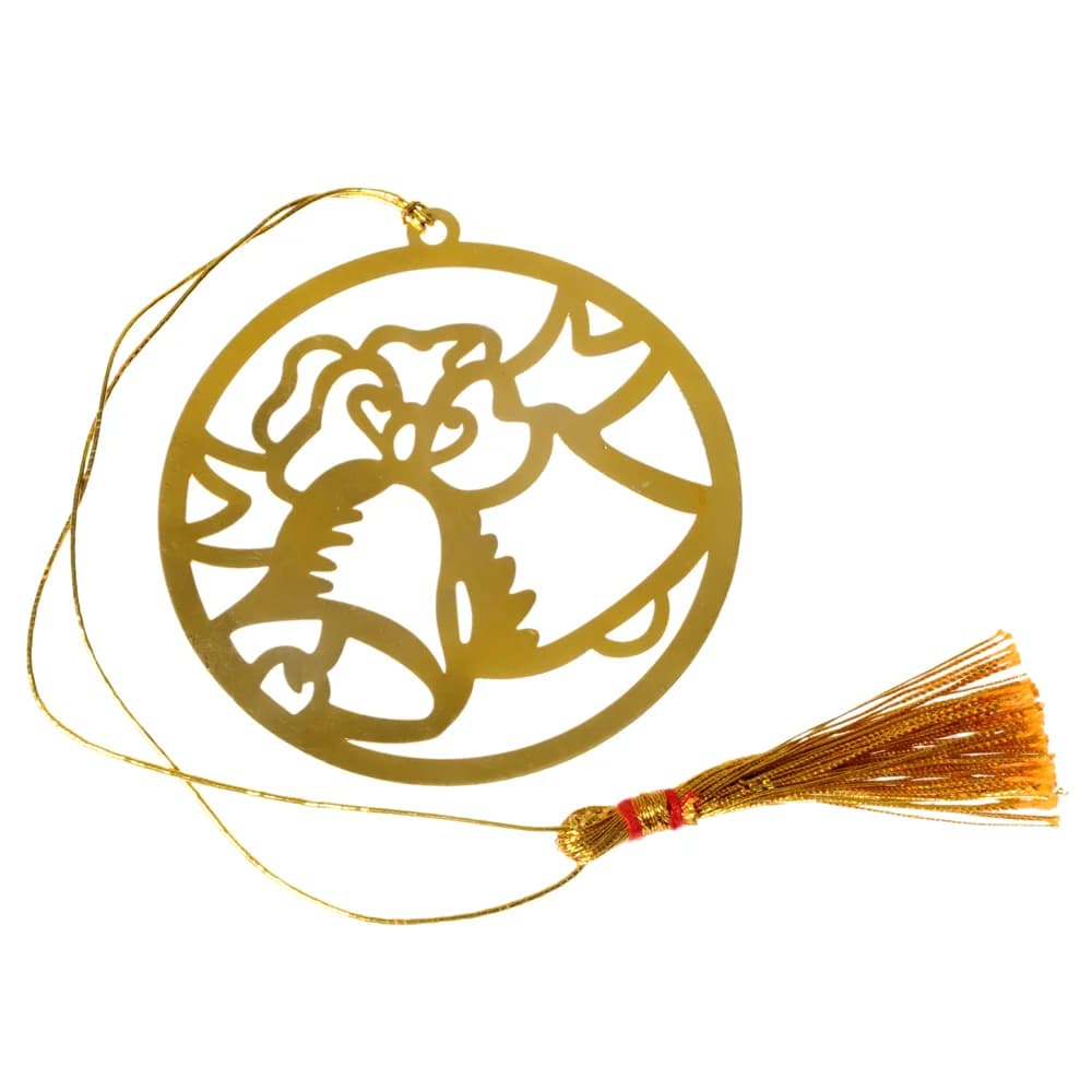 Die-cut gold-tone bookmark of a pair of Christmas bells tied with a ribbon inside a plain ring, on a gold cord with a tassel