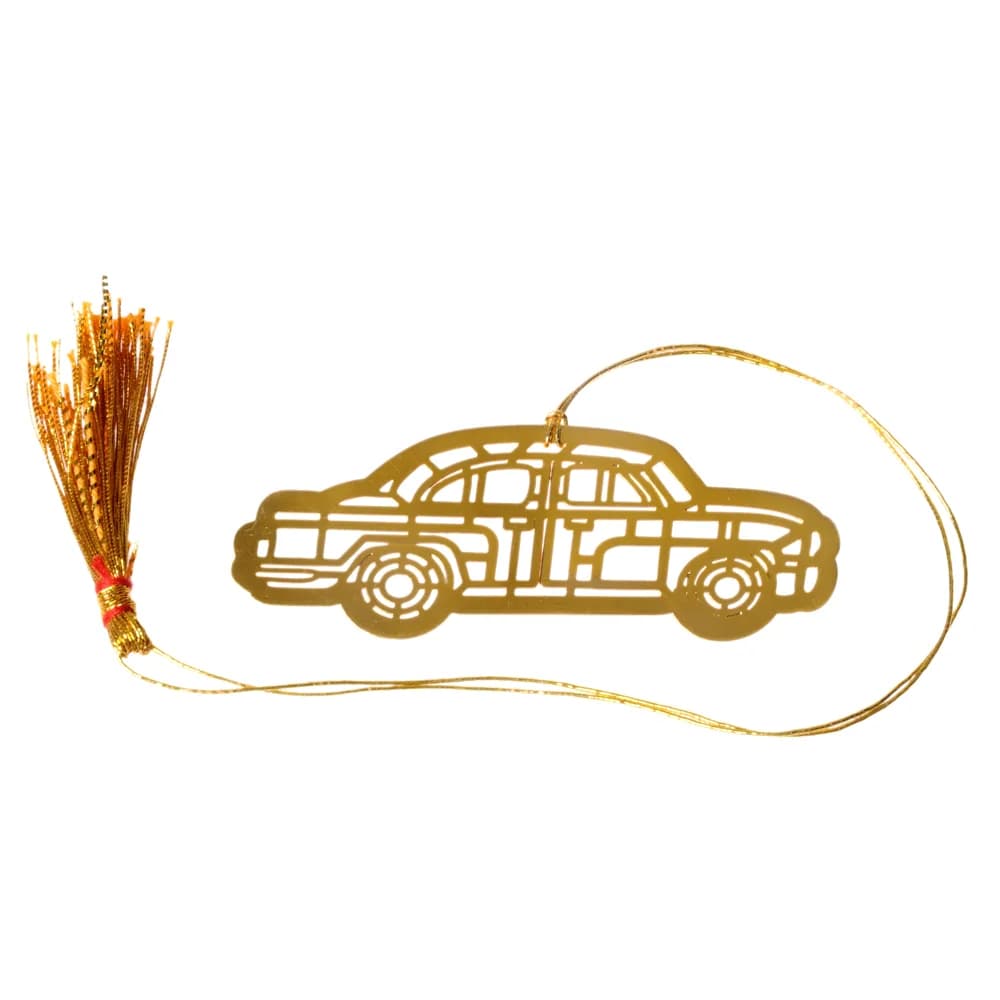 Die-cut gold-tone bookmark of a classic saloon car in side profile with spoked wheels, on a gold cord with a tassel