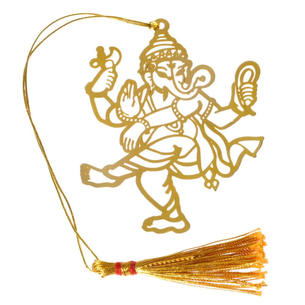 Die-cut gold-tone bookmark of four-armed Ganesha in a dancing pose with axe and lotus raised, on a gold cord with a tassel