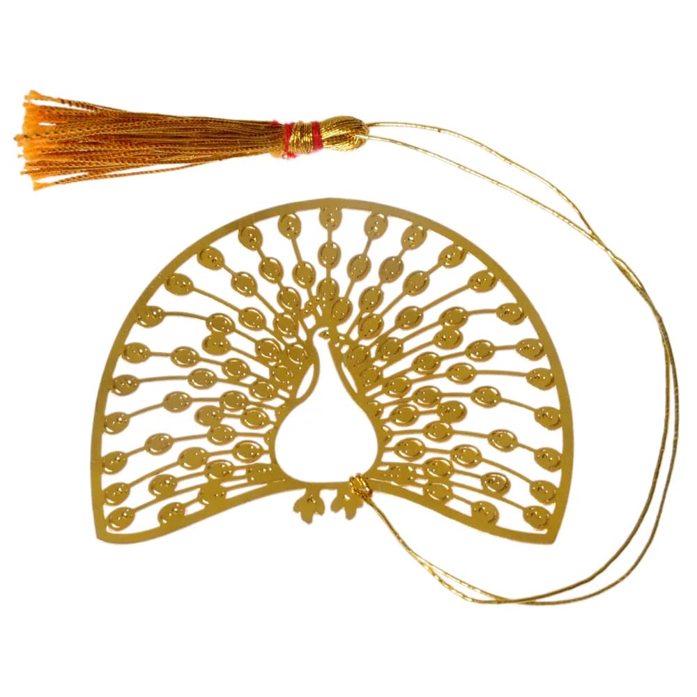 Die-cut gold-tone bookmark of a peacock with its tail fanned into a half-round arch of eye feathers, on a gold cord with a tassel