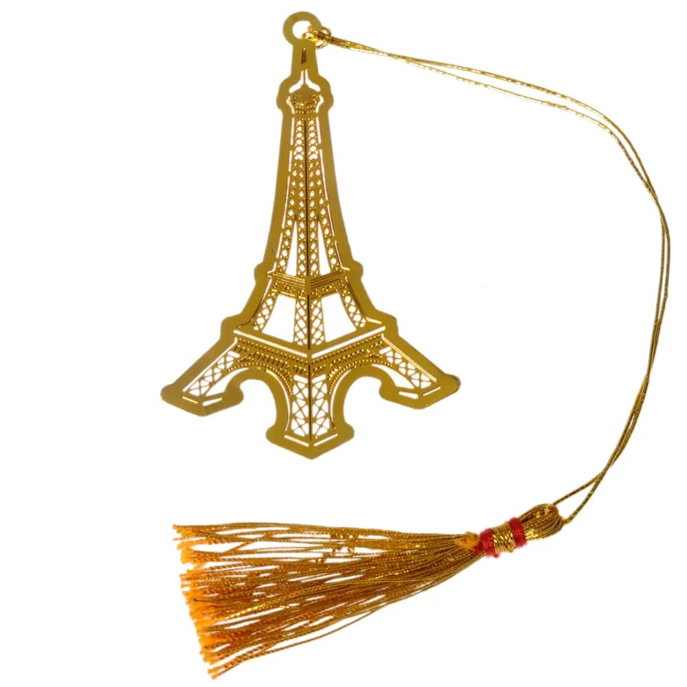 Die-cut gold-tone bookmark of the Eiffel Tower with its lattice ironwork pierced right through, on a gold cord with a tassel