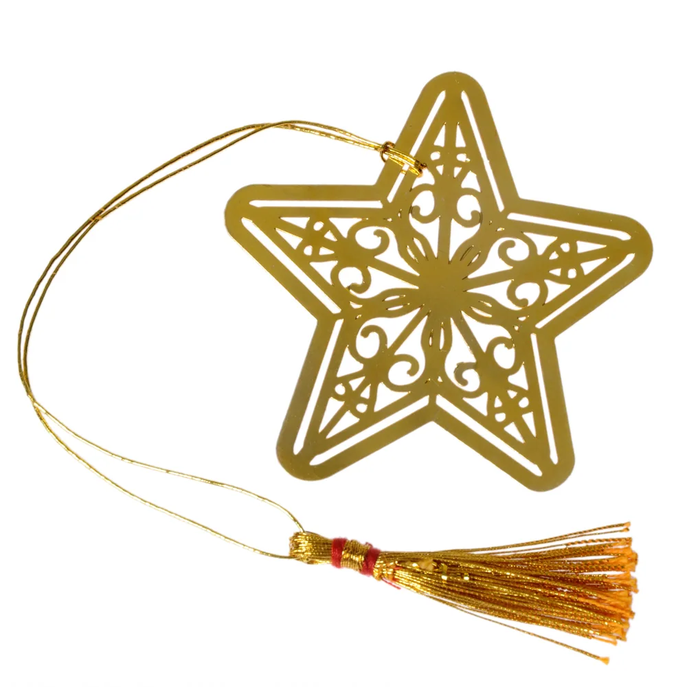Die-cut gold-tone bookmark of a five-pointed star filled with symmetrical scrollwork, on a gold cord with a tassel