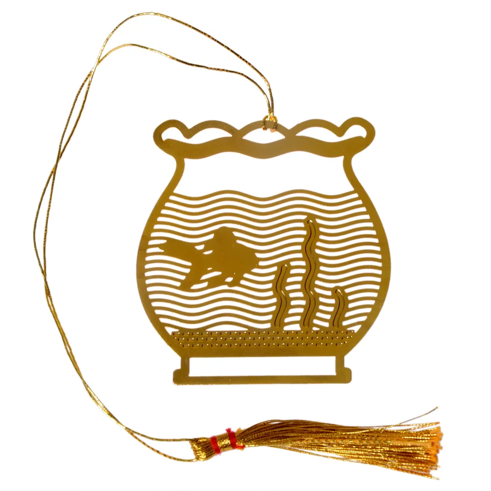 Die-cut gold-tone bookmark of a fish bowl with a fish and two weeds behind rippled water lines, on a gold cord with a tassel