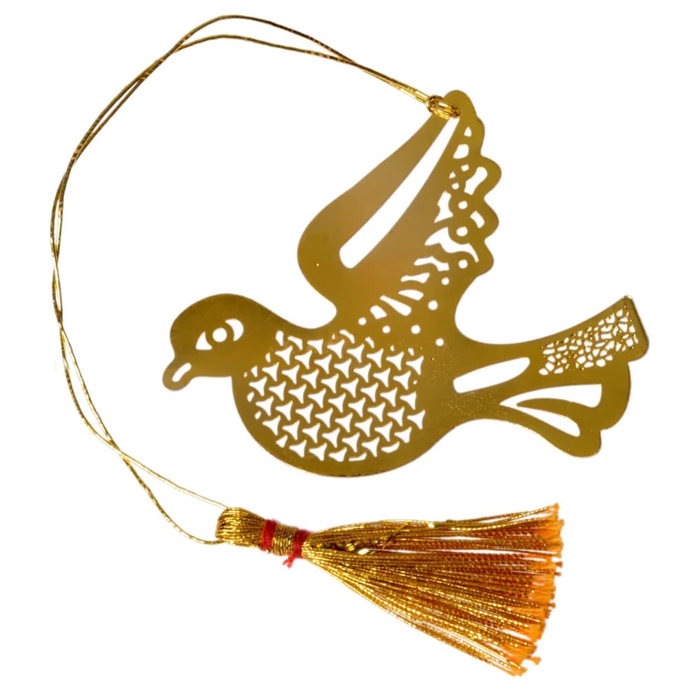 Die-cut gold-tone bookmark of a bird in flight, its breast filled with a cross-hatch pattern and its wing tip with lacework, on a gold cord with a tassel