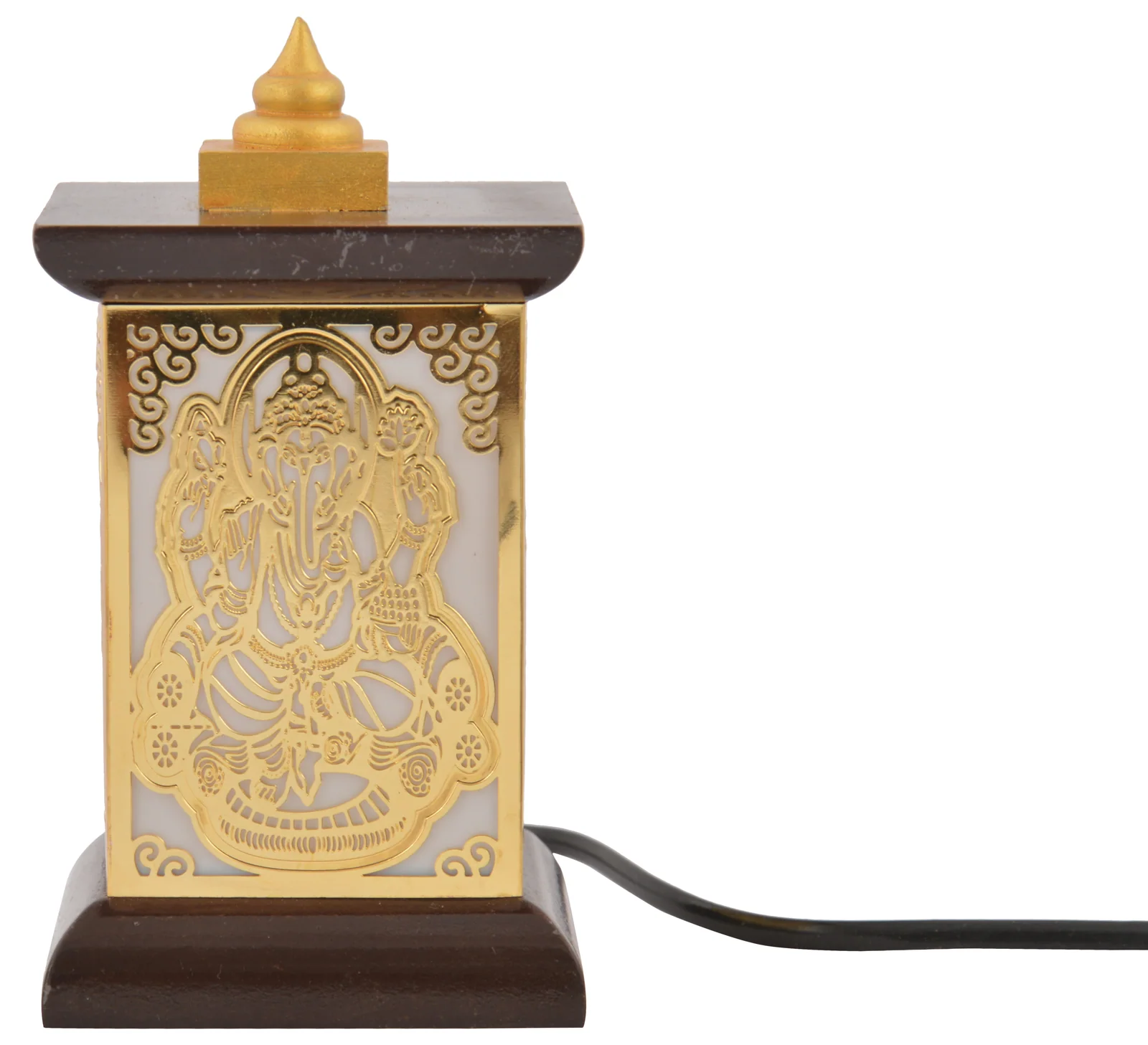 Wooden pagoda-frame LED lamp with a pierced brass panel of four-armed Ganesha seated on a lotus, unlit on white