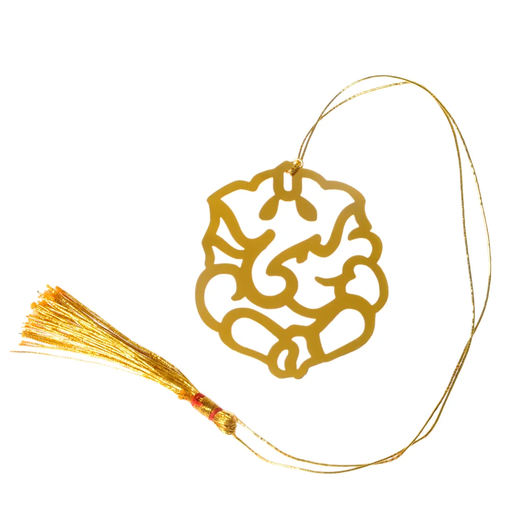 Die-cut gold-tone bookmark of Ganesha drawn in a single continuous line inside a scalloped round medallion, on a gold cord with a tassel