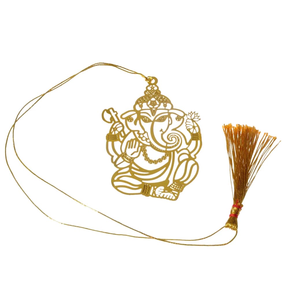 Gold-tone filigree Ganesha metal bookmark with a golden cord and tassel
