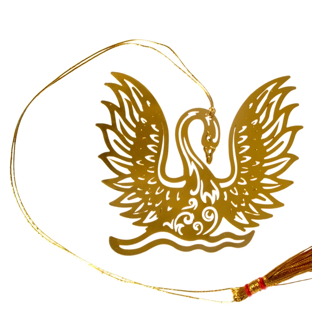 Die-cut gold-tone bookmark of a swan on water with both wings raised and feathers cut in fine strokes, on a gold cord with a tassel