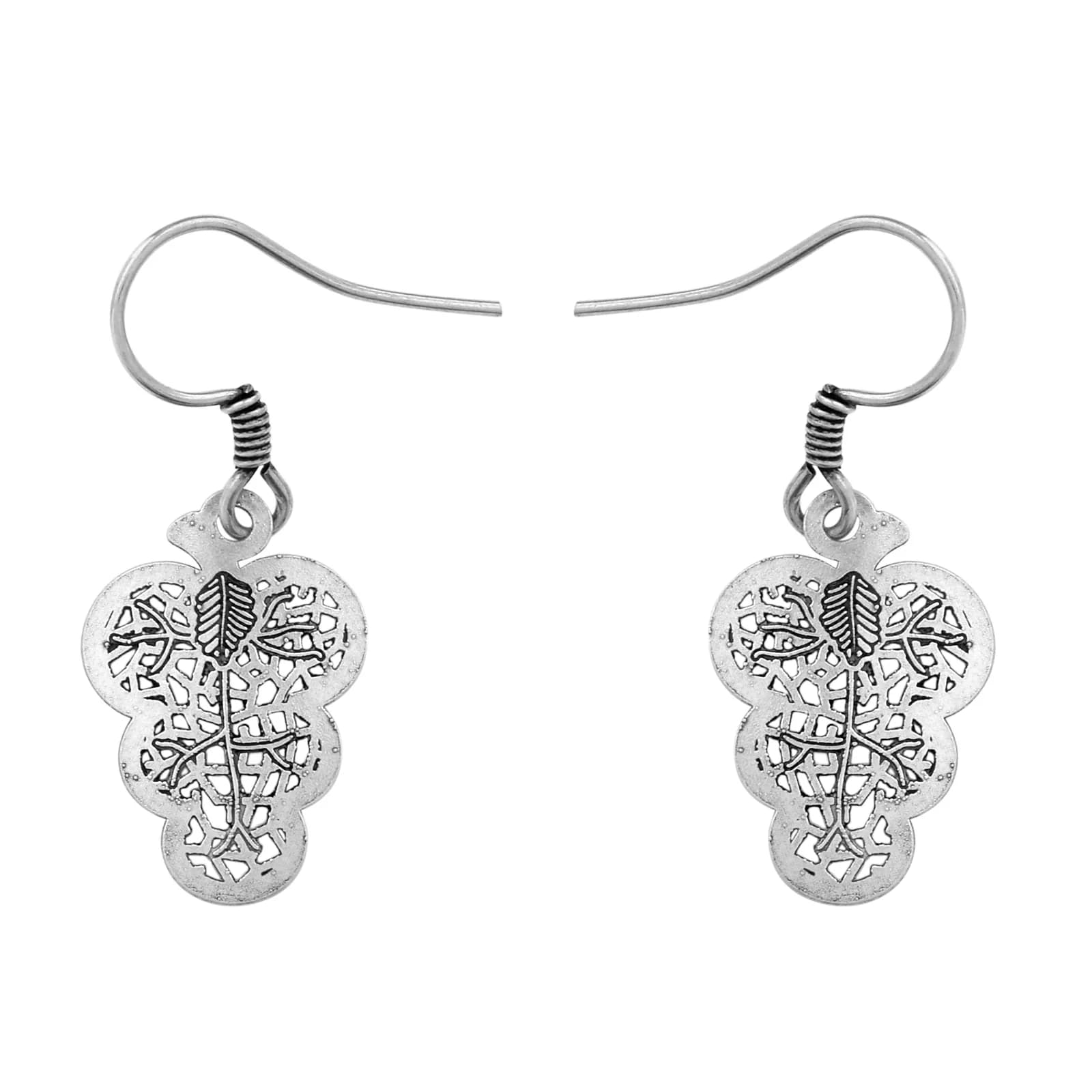 A pair of oxidised silver drop earrings on French hooks — a cluster of grapes in openwork filigree under a single leaf