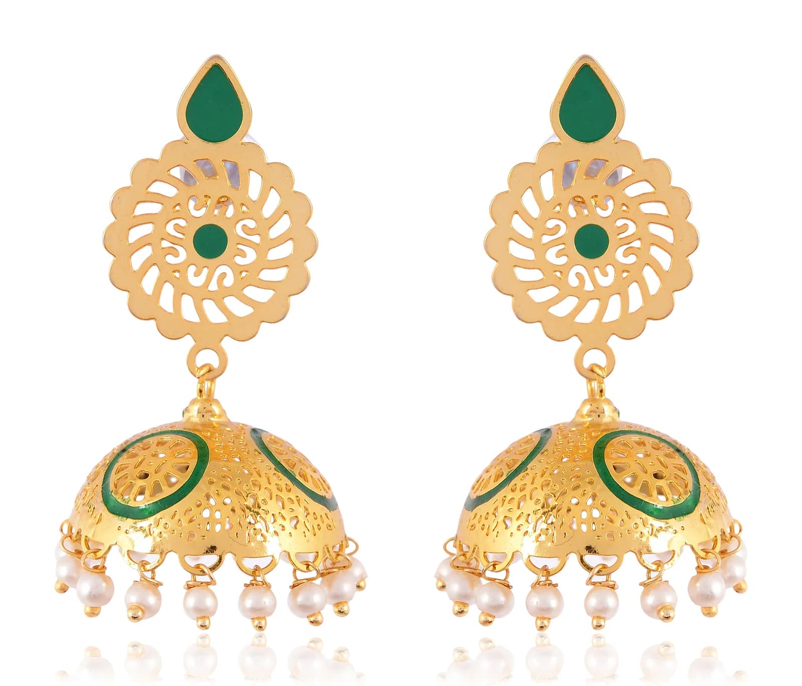 A pair of gold-plated jhumka earrings — a scalloped filigree medallion stud with a green enamel teardrop finial, above a perforated dome ringed in green enamel and fringed with pearls