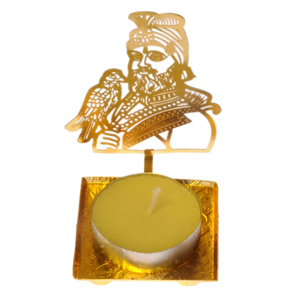 Pierced gold-tone tealight holder cut as Guru Gobind Singh Ji in a plumed turban with a hawk on his hand, on a square tray