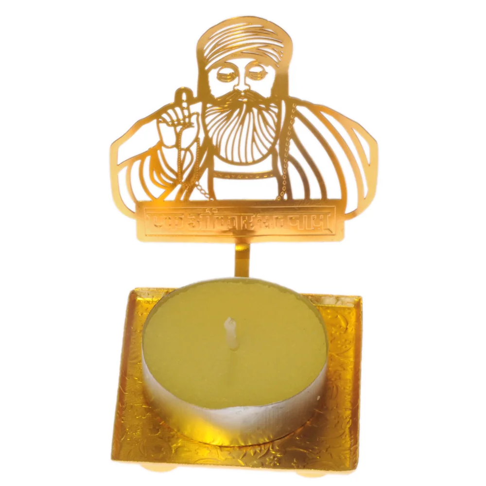 Pierced gold-tone tealight holder cut as Guru Nanak Dev Ji with one hand raised, the Ek Onkar Satnam inscription across the base, on a square tray