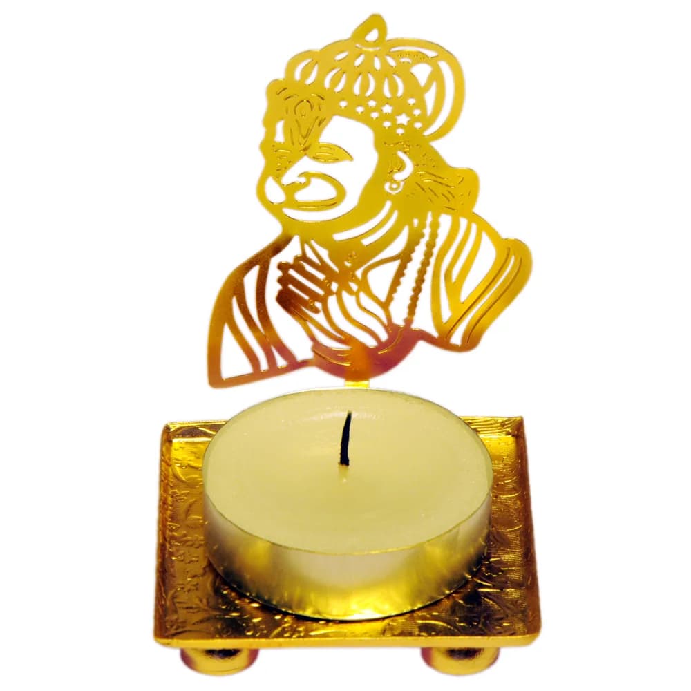 Pierced gold-tone tealight holder cut as a crowned Hanuman with his hands joined in namaskar, on a square tray
