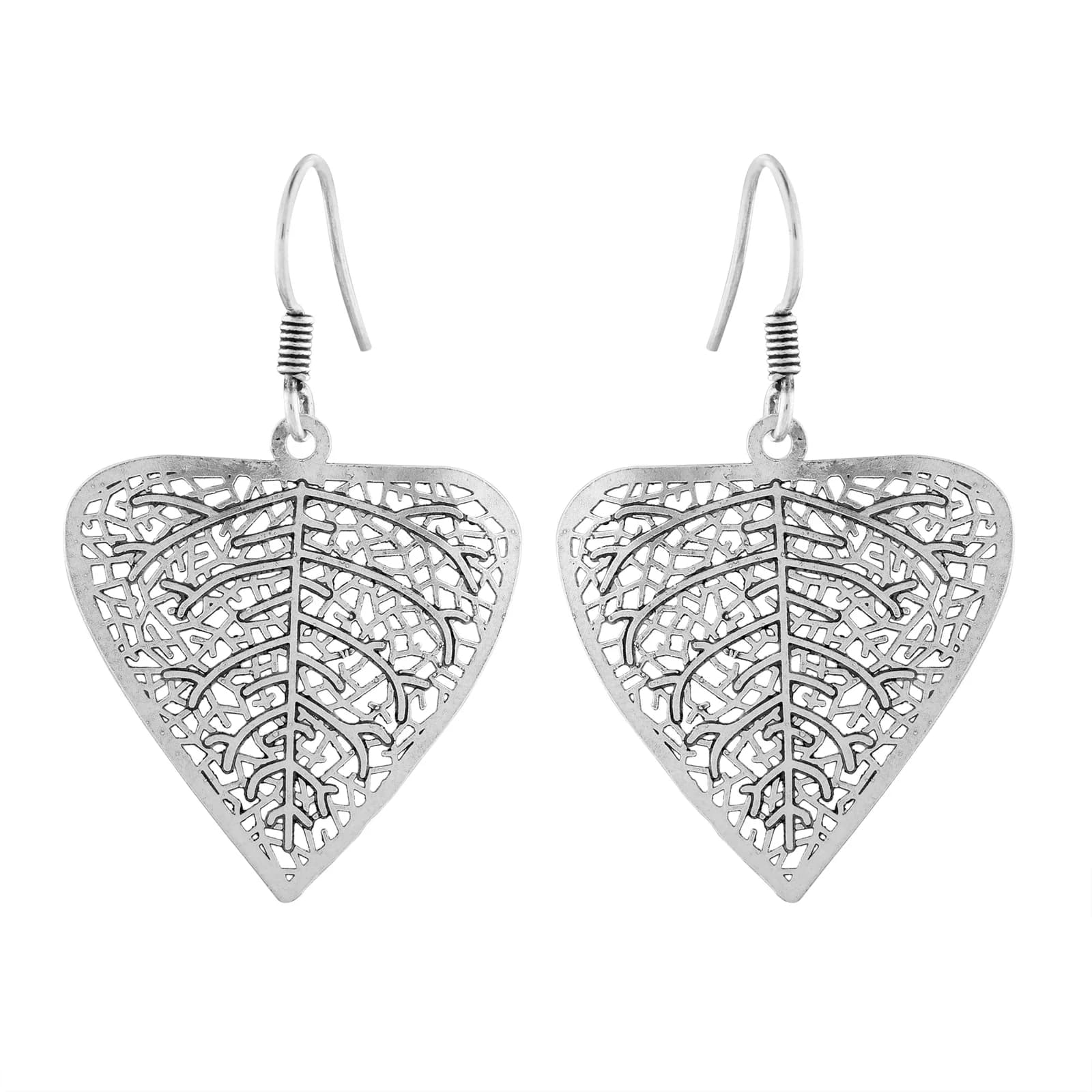 A pair of oxidised silver drop earrings on French hooks — a broad heart-shaped leaf cut in fine openwork filigree
