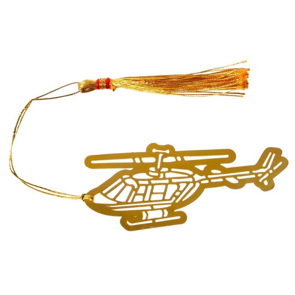 Die-cut gold-tone bookmark of a helicopter in side profile with its rotor and tail boom cut through, on a gold cord with a tassel