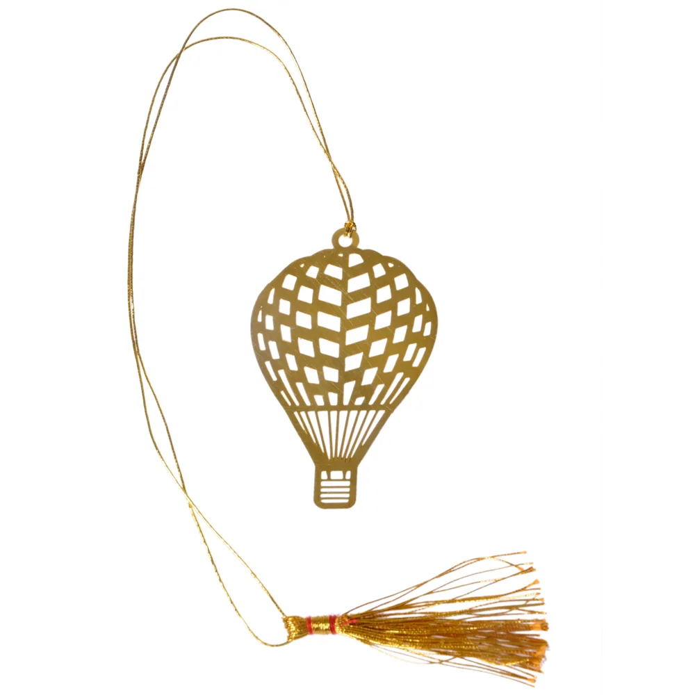 Die-cut gold-tone bookmark of a hot air balloon with a panelled envelope and a small basket, on a gold cord with a tassel