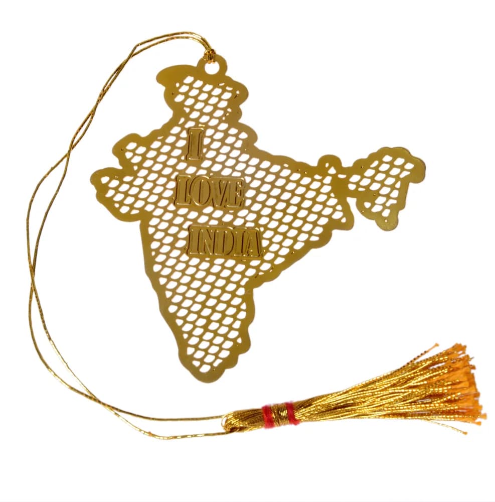 Die-cut gold-tone bookmark shaped as the map of India in pierced diamond lattice, I LOVE INDIA raised across it, on a gold cord with a tassel