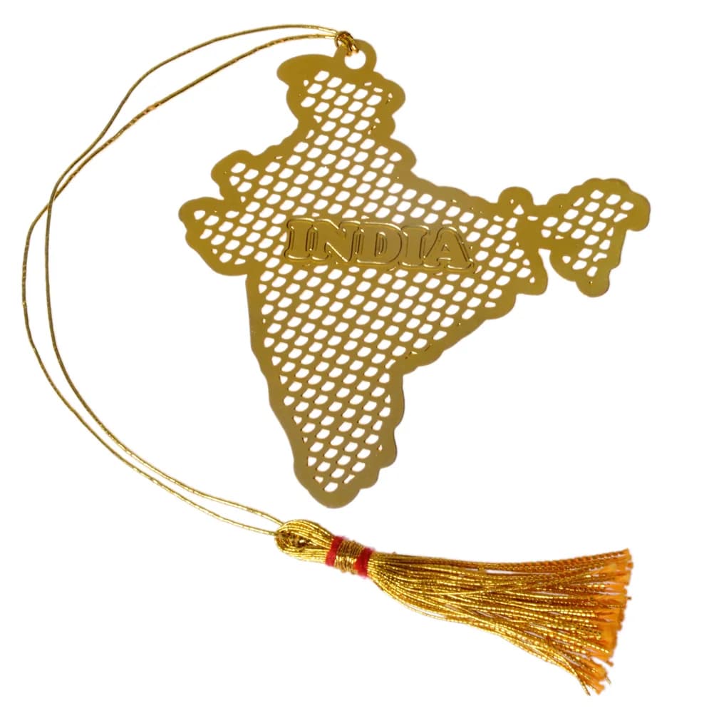 Die-cut gold-tone bookmark shaped as the map of India in pierced diamond lattice, INDIA raised across it, on a gold cord with a tassel