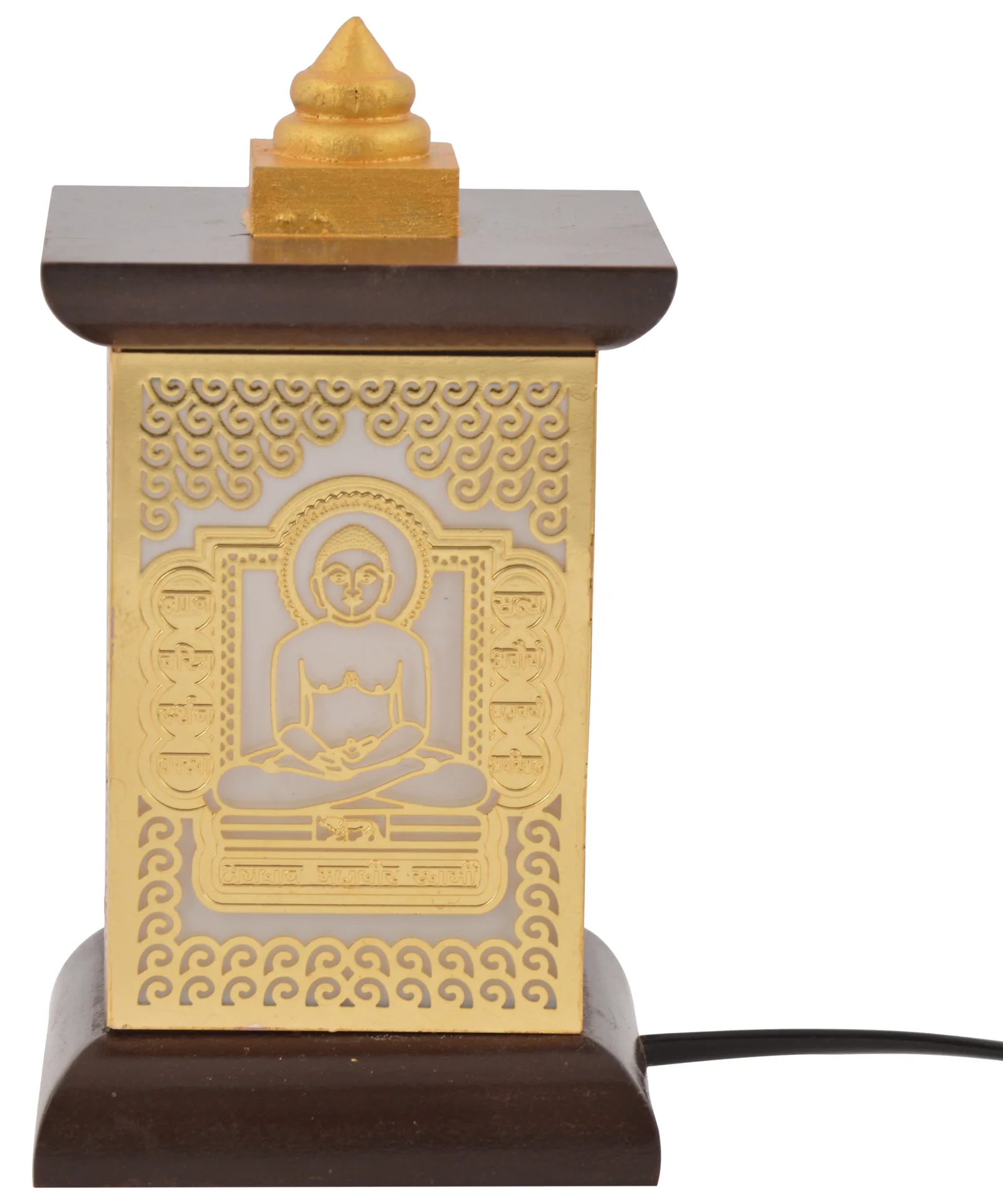 Wooden pagoda-frame LED lamp with a pierced brass panel of Bhagwan Mahavir Swami seated in padmasana, unlit on white