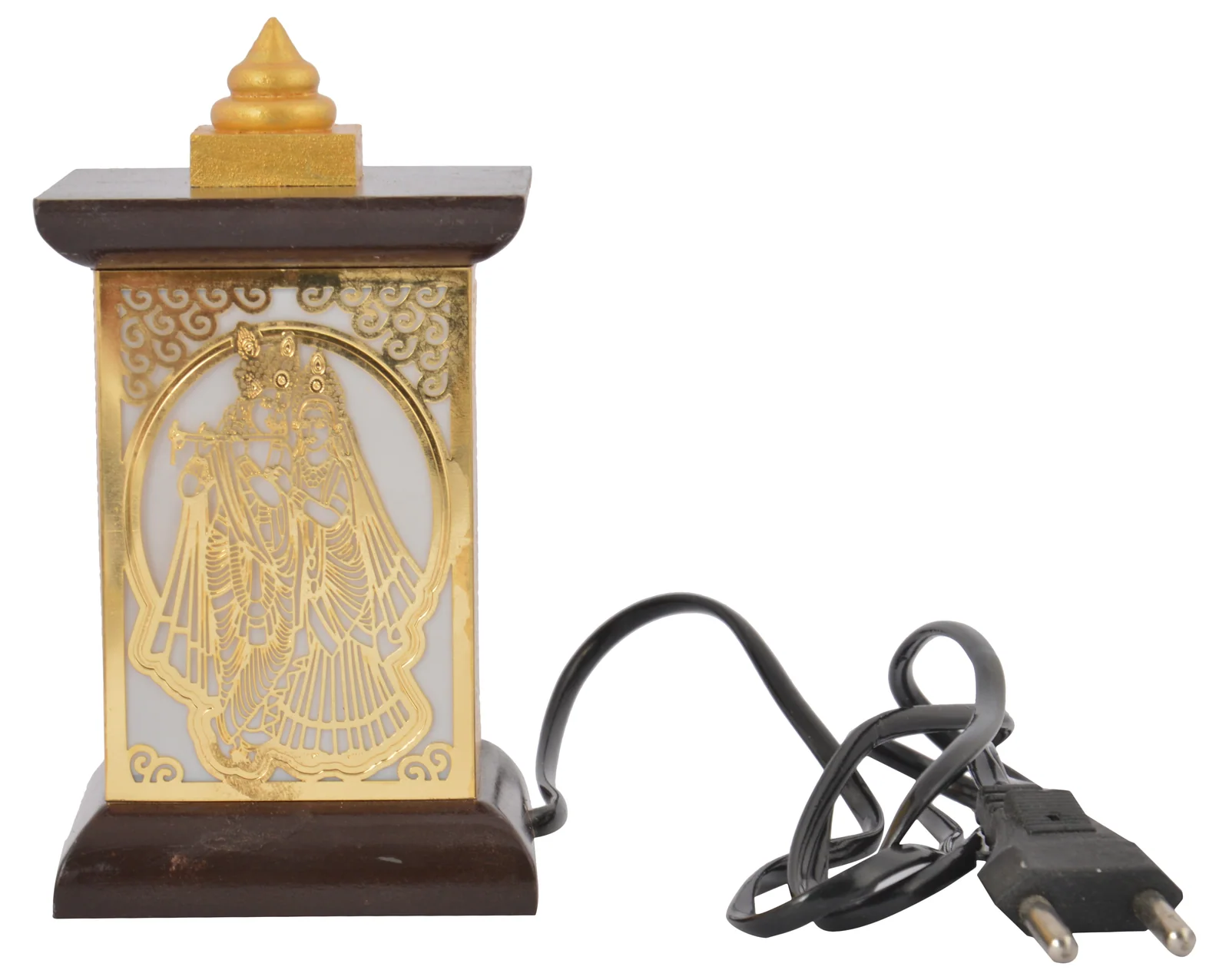 Wooden jharokha table lamp with a brass filigree panel, backlit