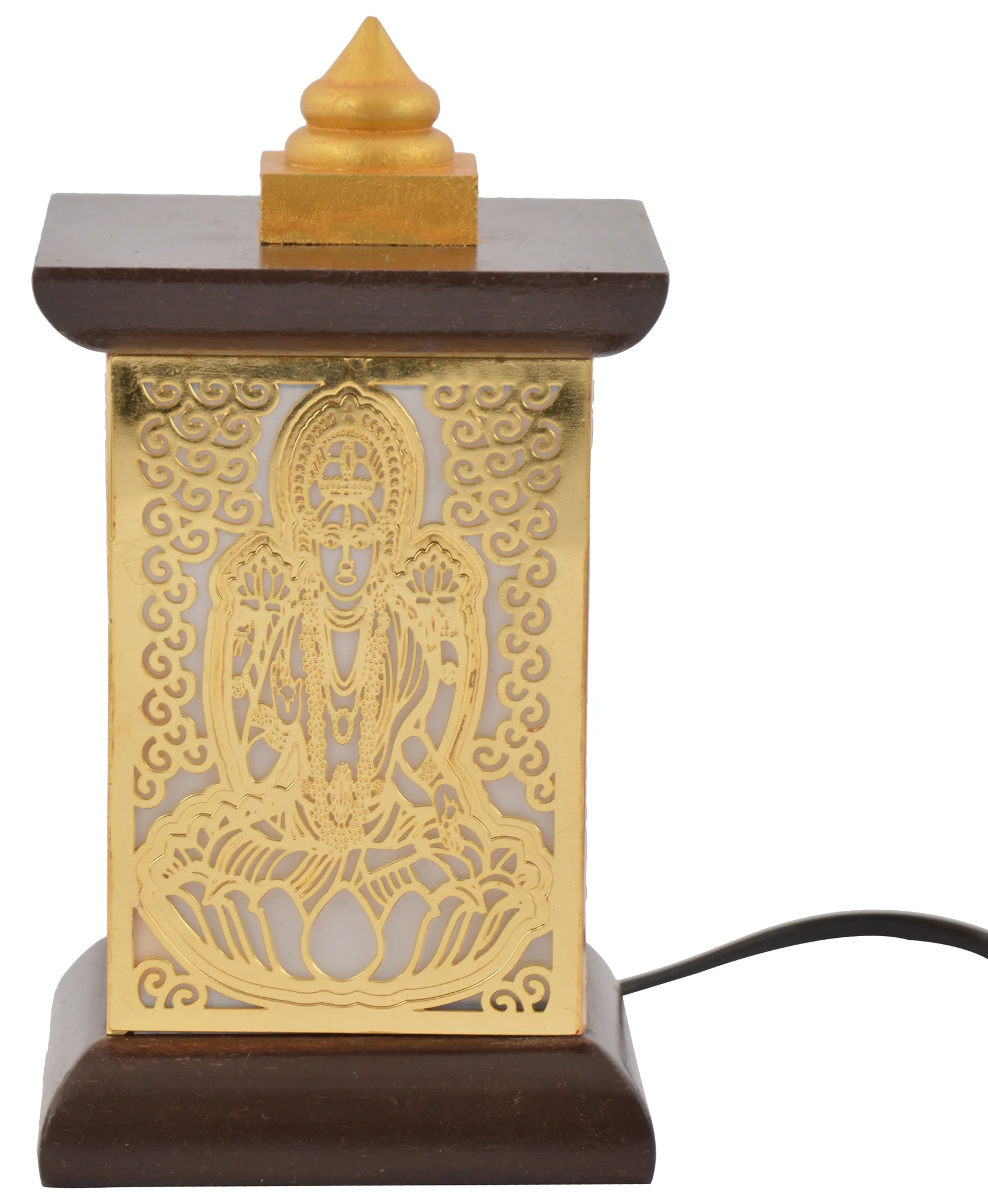 Wooden pagoda-frame table lamp with a pierced brass panel of Lakshmi seated on a lotus inside a scrolled border, unlit on white