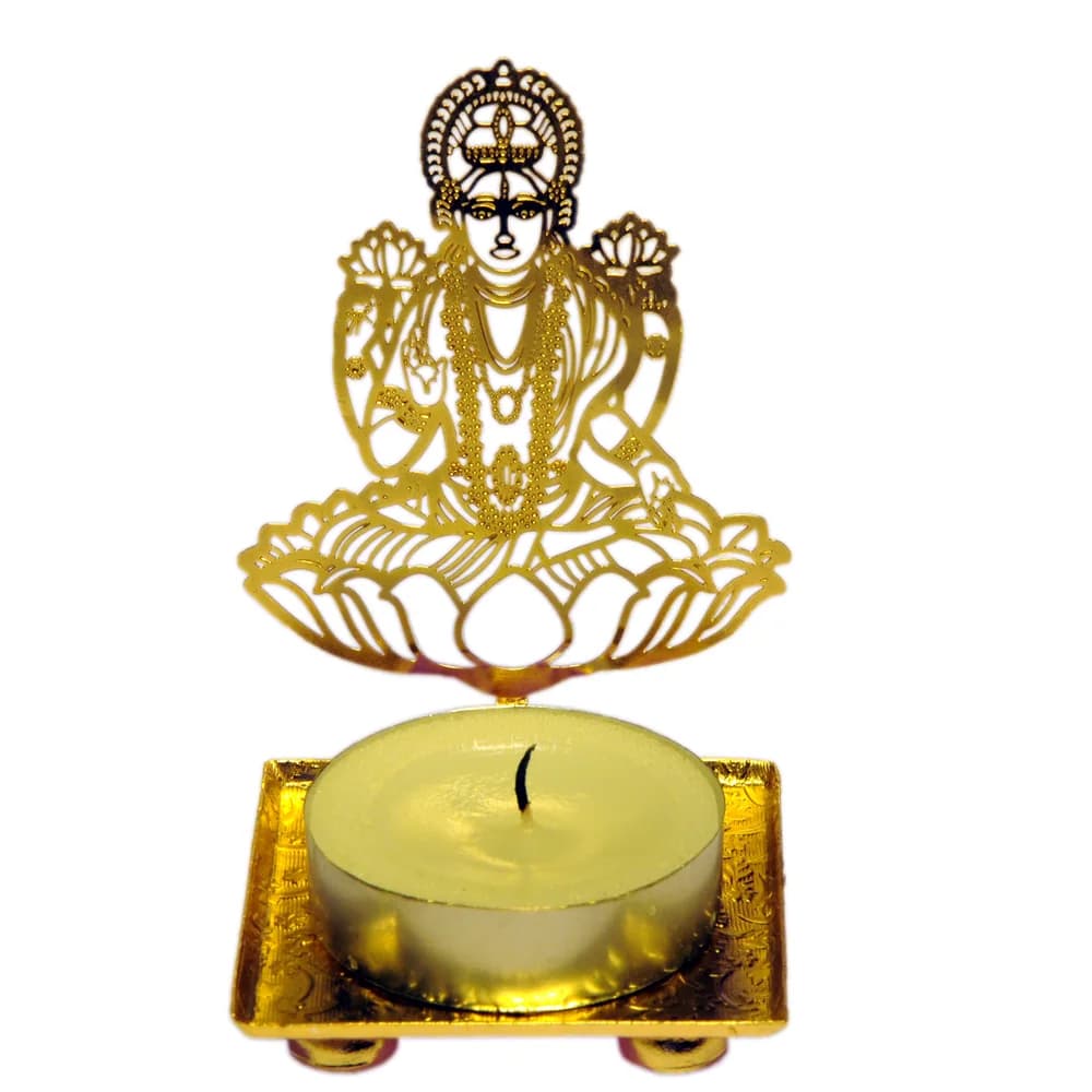 Pierced gold-tone tealight holder cut as the goddess Lakshmi seated on an open lotus with a lotus at each shoulder, on a square tray