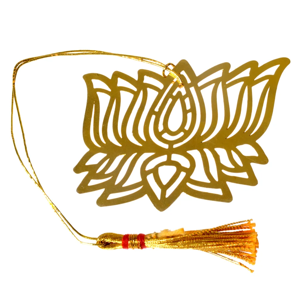 Die-cut gold-tone bookmark of an open lotus flower with layered outlined petals, on a gold cord with a tassel