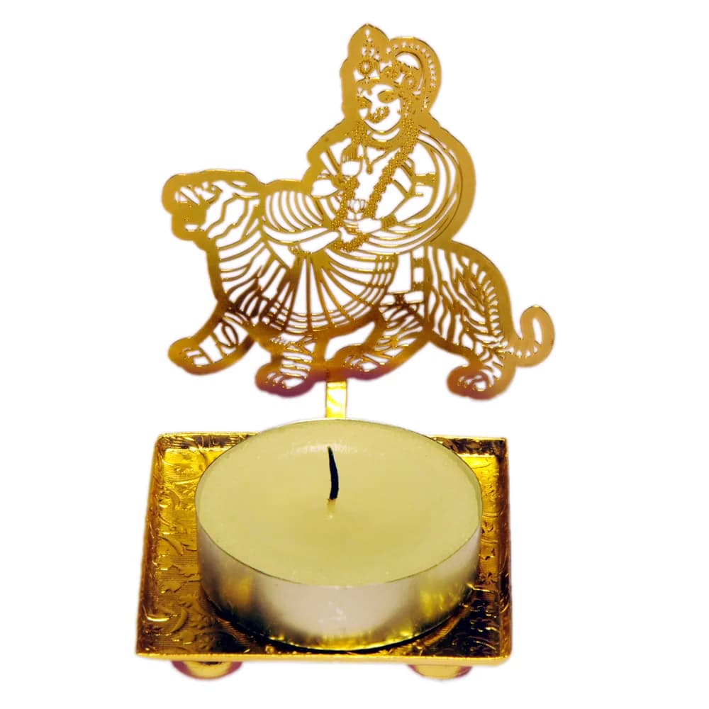 Pierced gold-tone tealight holder cut as the goddess Durga seated sidesaddle on her tiger, on a small square tray