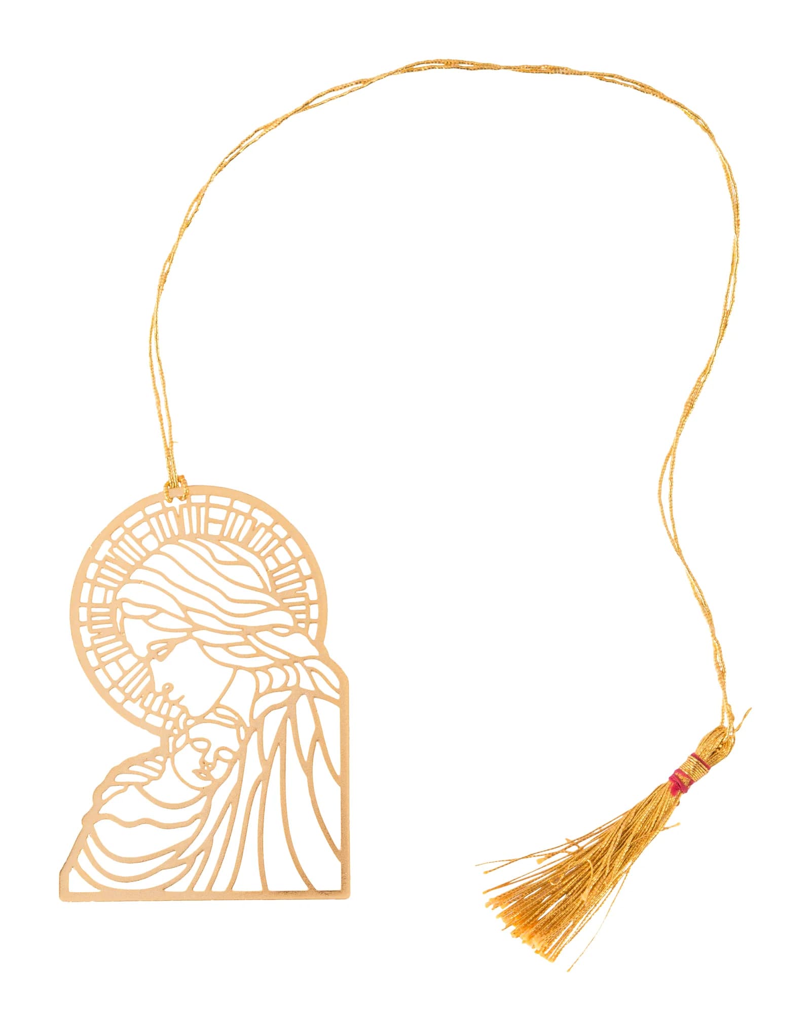 Die-cut gold bookmark of the Madonna holding the infant Christ beneath a rayed halo, laid out with its gold cord and tassel