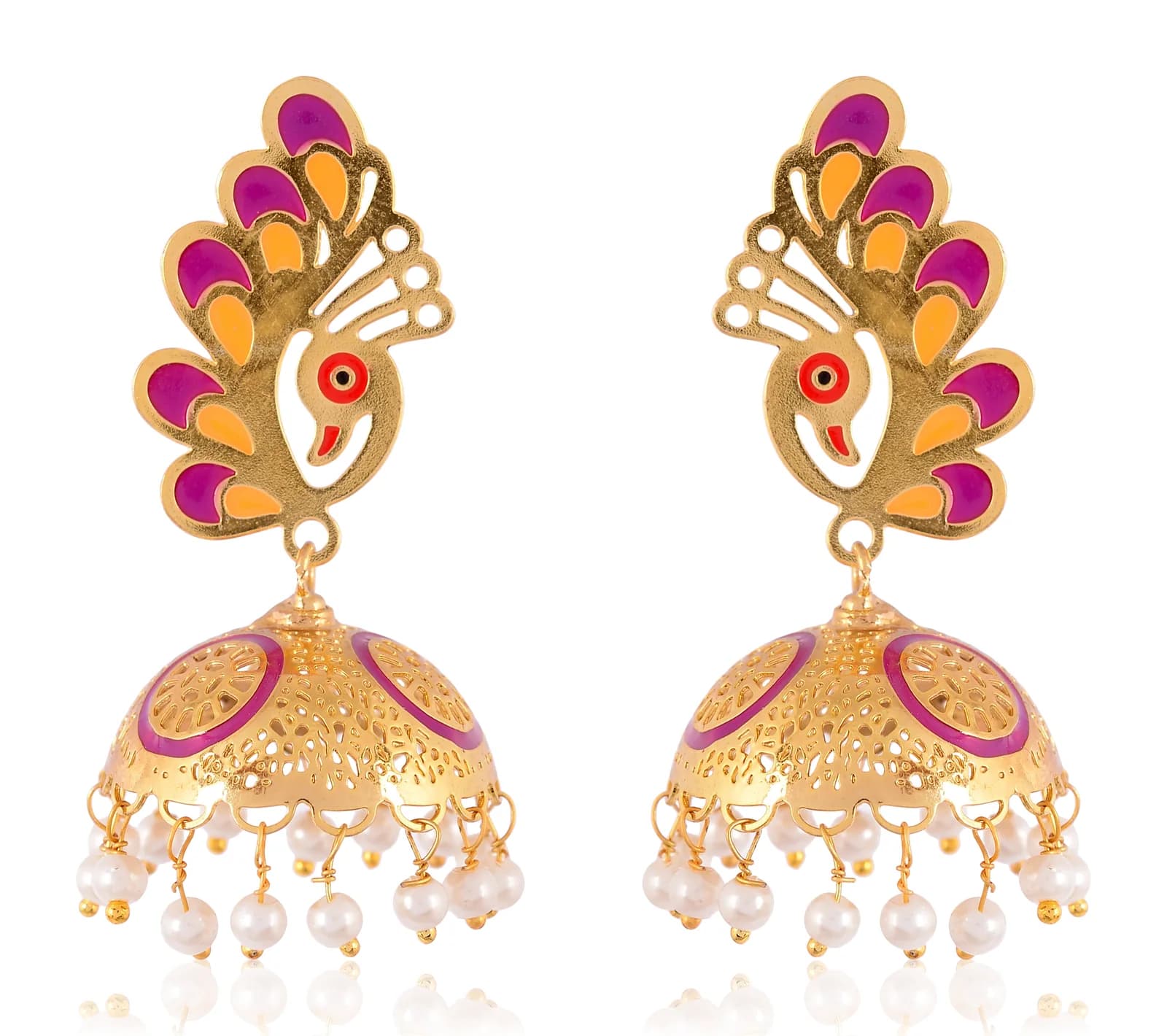 A pair of gold-plated jhumka earrings — an enamelled peacock stud in magenta and marigold, above a perforated dome ringed in magenta enamel and fringed with pearls