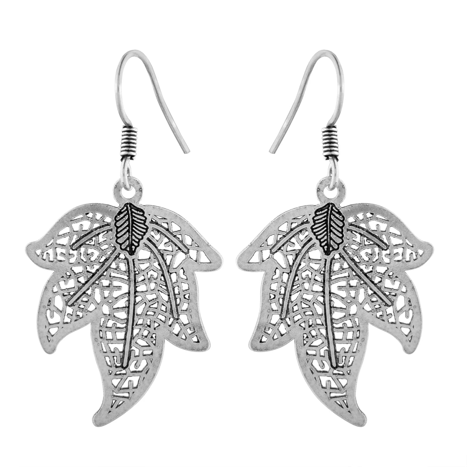A pair of oxidised silver drop earrings on French hooks — a five-lobed maple leaf in openwork filigree with a small solid leaf charm applied over its stem