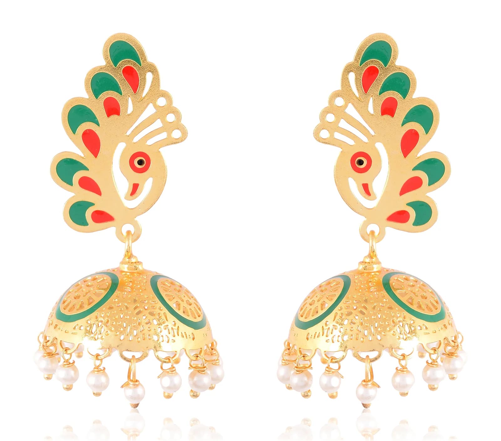 Gold-plated meenakari jhumka earrings with a green and coral enamelled peacock stud above a pearl-fringed dome