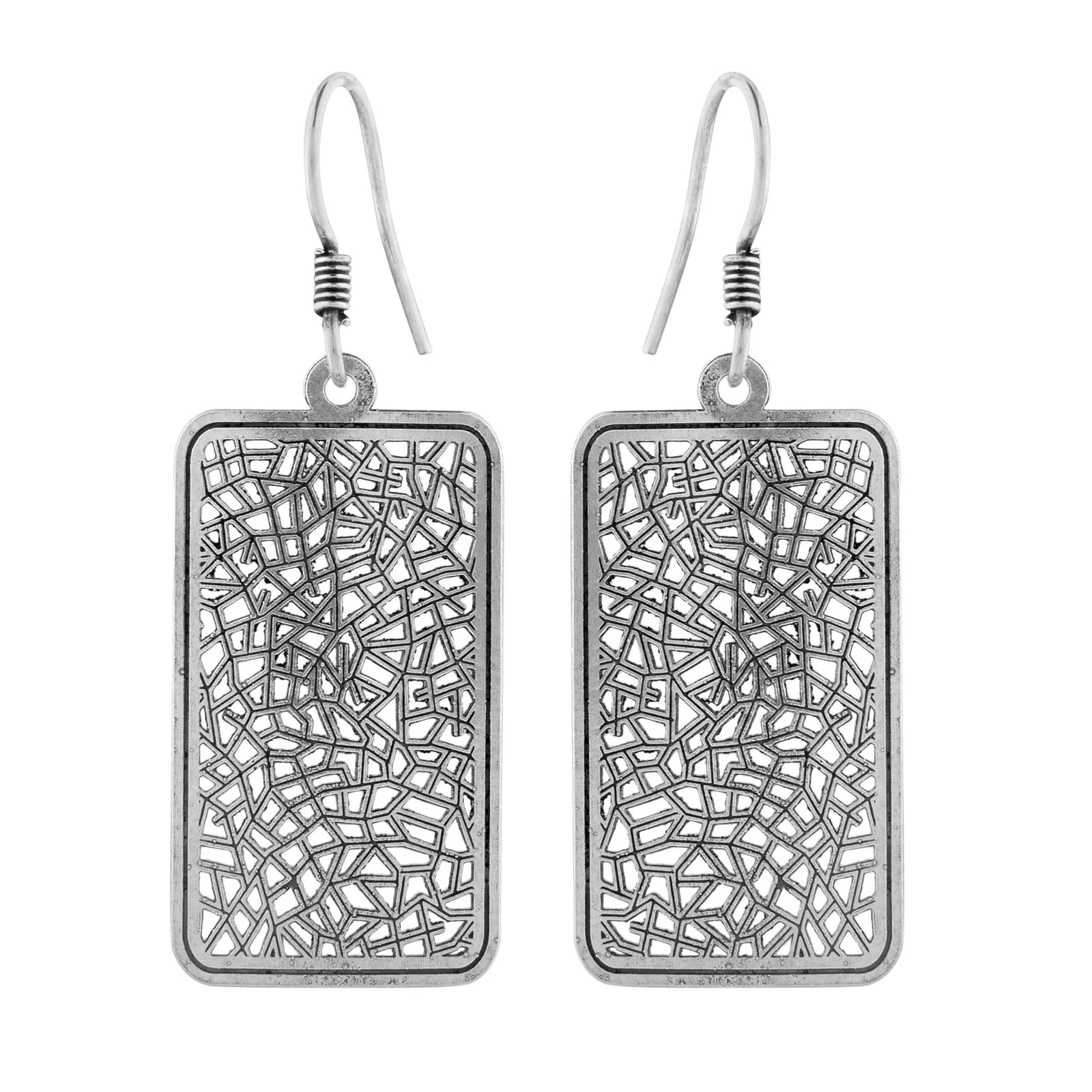 A pair of oxidised silver drop earrings on French hooks — an upright rectangular plaque filled with a crazed mosaic of pierced cells