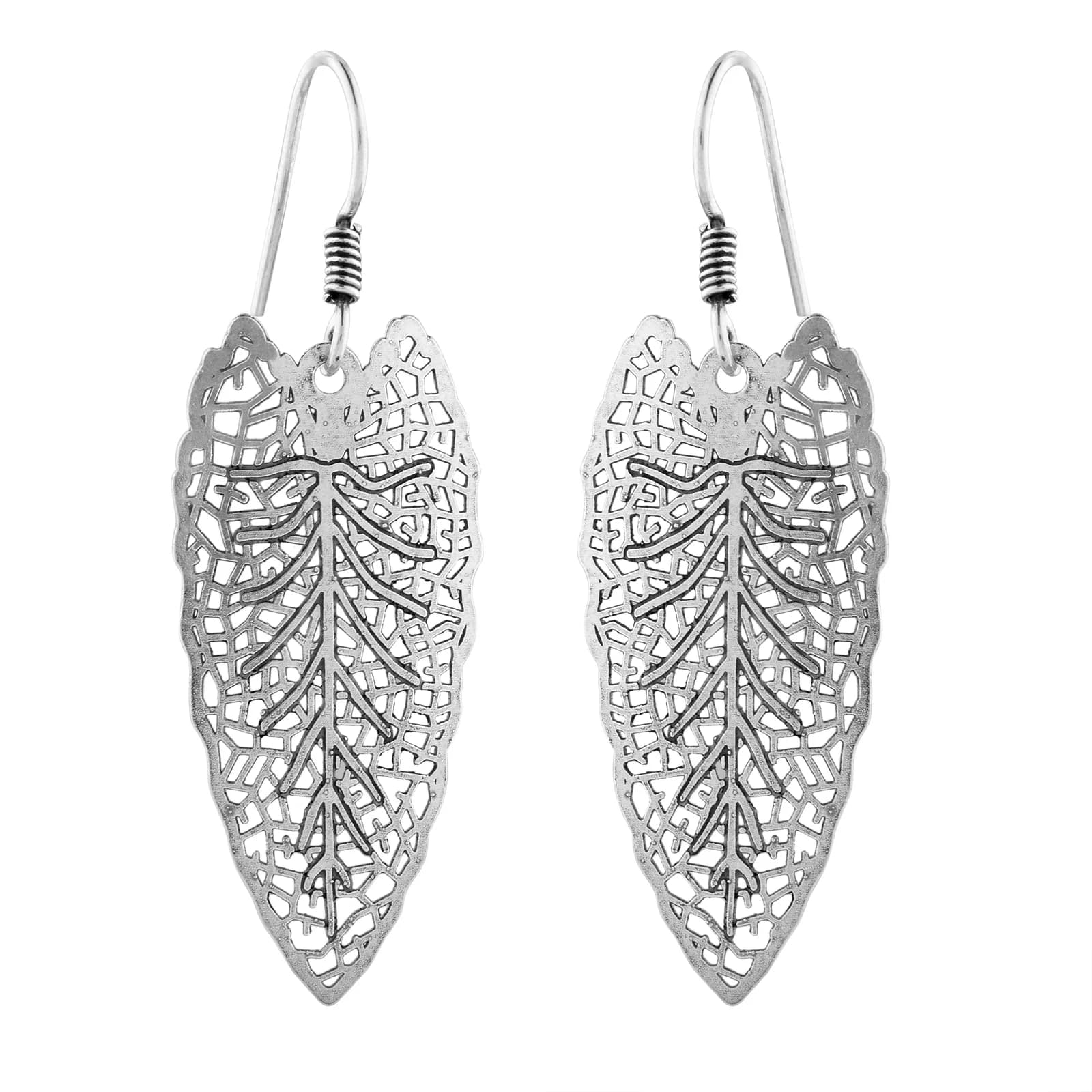 A pair of oxidised silver drop earrings on French hooks — a long narrow leaf in openwork filigree with a frilled crown