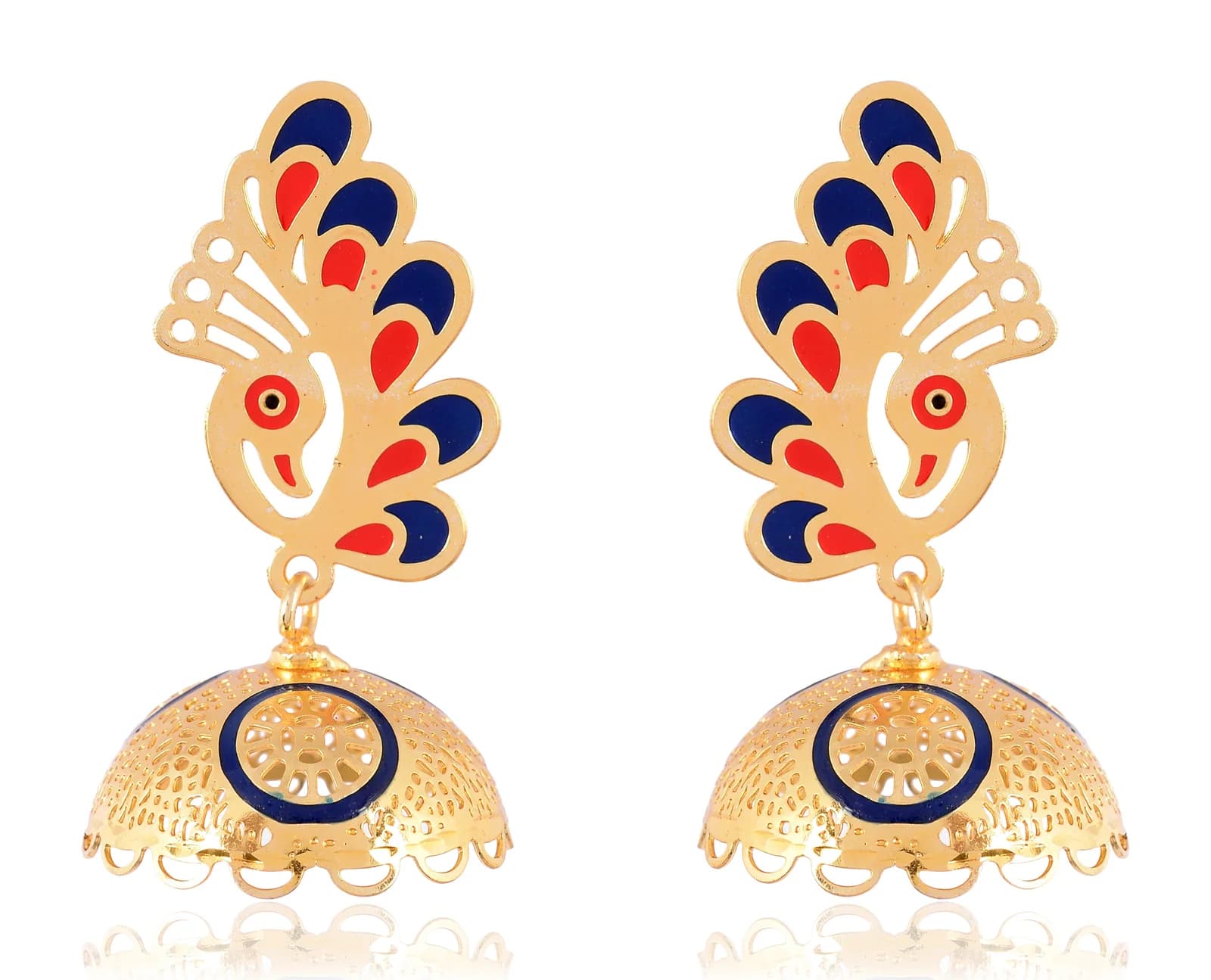 A pair of gold-plated jhumka earrings — an enamelled peacock stud in navy and coral, above a perforated dome ringed in navy enamel with plain gold loops around its rim