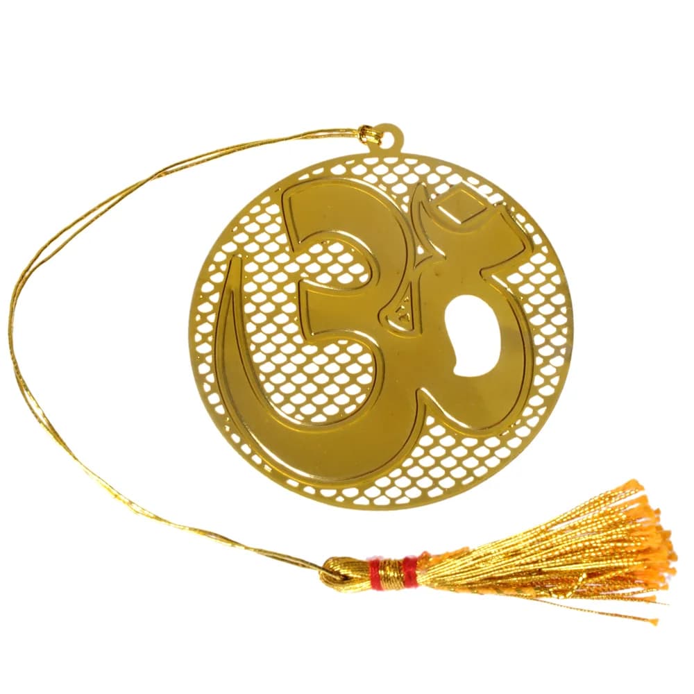 Die-cut gold-tone bookmark of a raised Om over a round plaque of pierced scale-shaped lattice, on a gold cord with a tassel