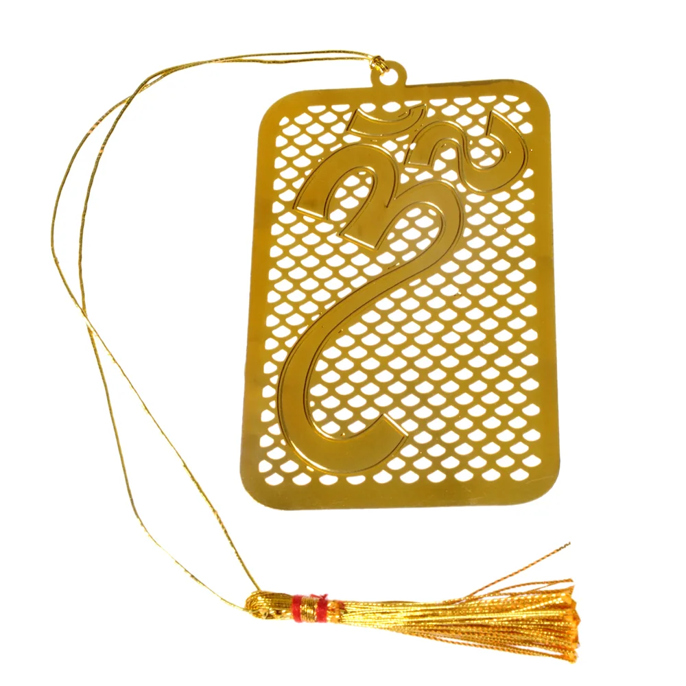 Die-cut gold-tone bookmark of a raised Om over a rectangular plaque of pierced scale-shaped lattice, on a gold cord with a tassel