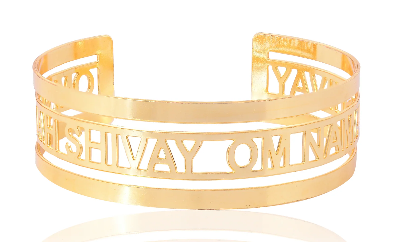 Open gold-plated cuff bangle pierced with OM NAMAH SHIVAY in Roman capitals, shot square on at eye level with the mantra running the width of the front band